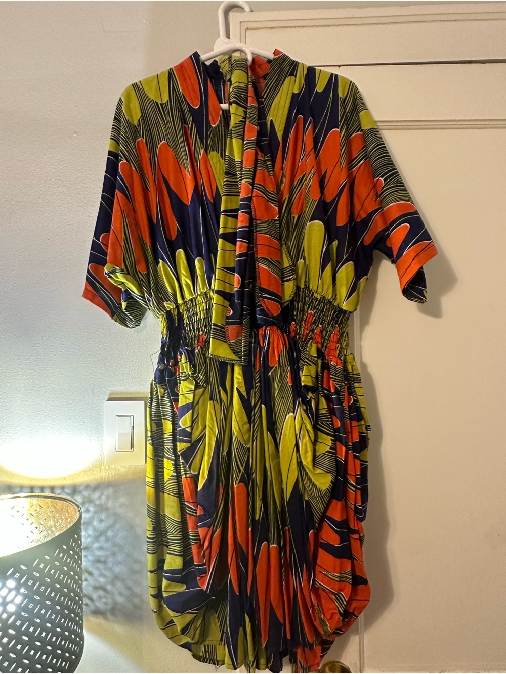 Vibrant Abstract Print Tie-Front Dress in Lime, Navy & Orange